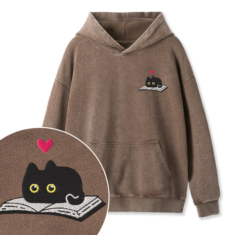 Embroidered Black Cat and Book Washed Hoodie