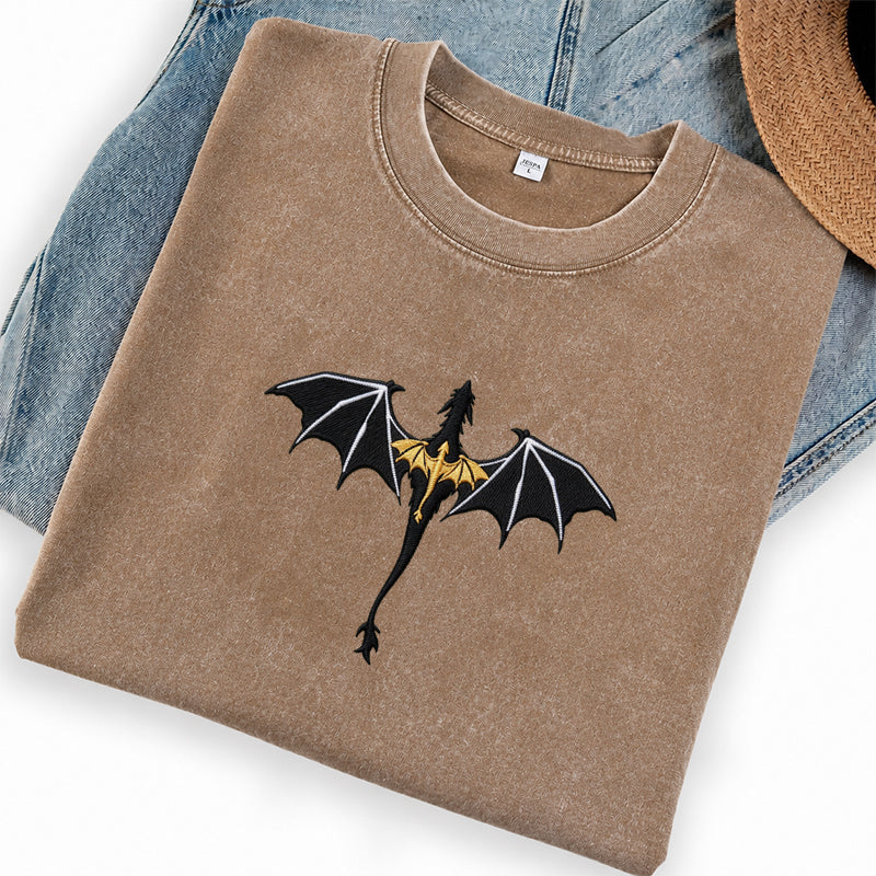 Embroidered Fantasy Book Dragon Washed Crew Neck T-Shirt