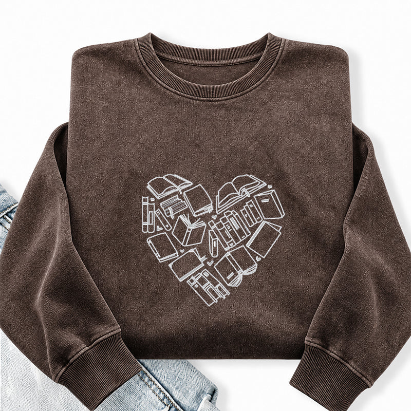 Embroidered Book Heart Washed Crewneck Sweatshirt
