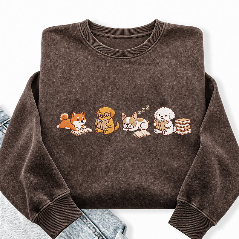 Embroidered Reading Dogs Washed Crewneck Sweatshirt