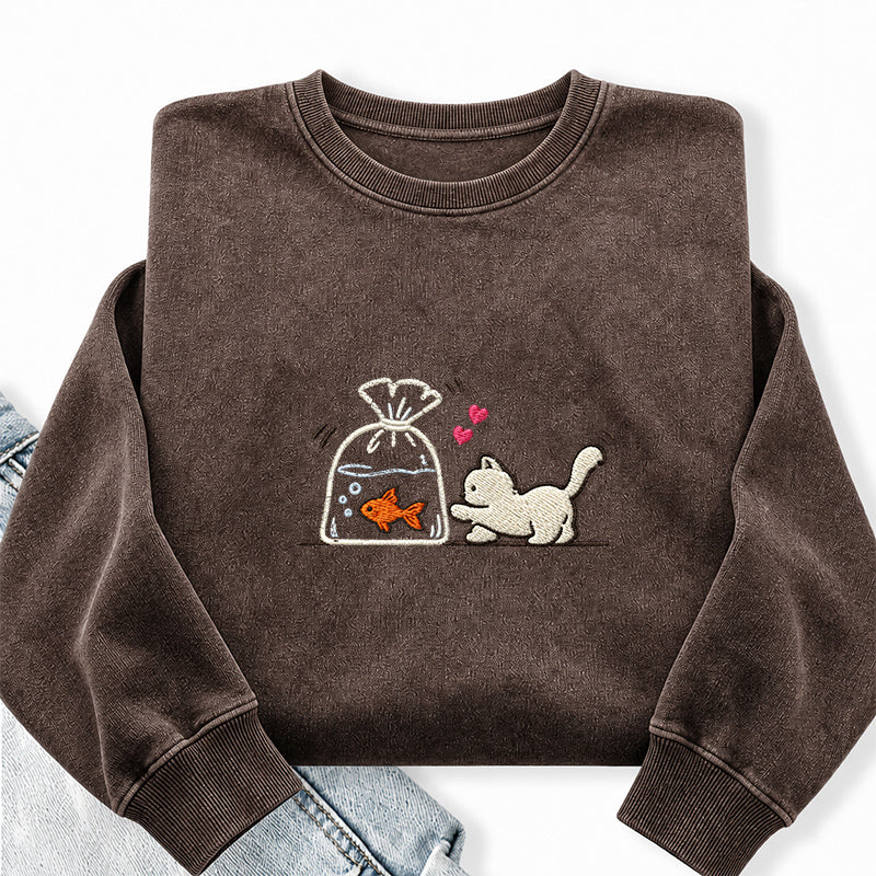 Embroidered Cute Cat Goldfish Washed Crewneck Sweatshirt