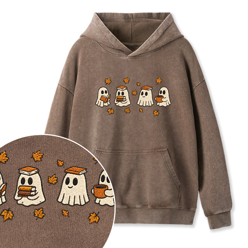 Embroidered Autumn Bookish Ghost Washed Hoodie