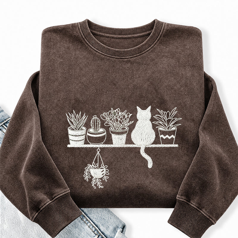 Embroidered Cats And Plants Washed Crewneck Sweatshirt