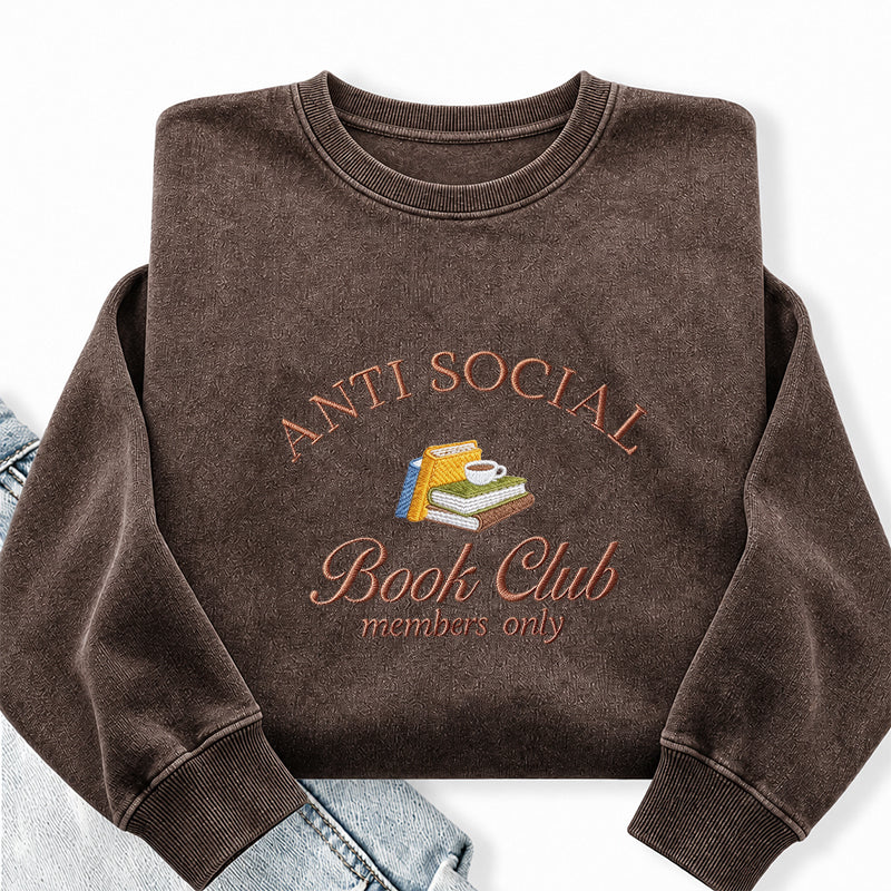 Embroidered Anti Social Book Club Washed Crewneck Sweatshirt