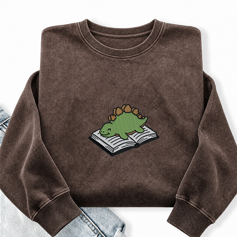 Embroidered Dinosaur Reading Books Washed Crewneck Sweatshirt