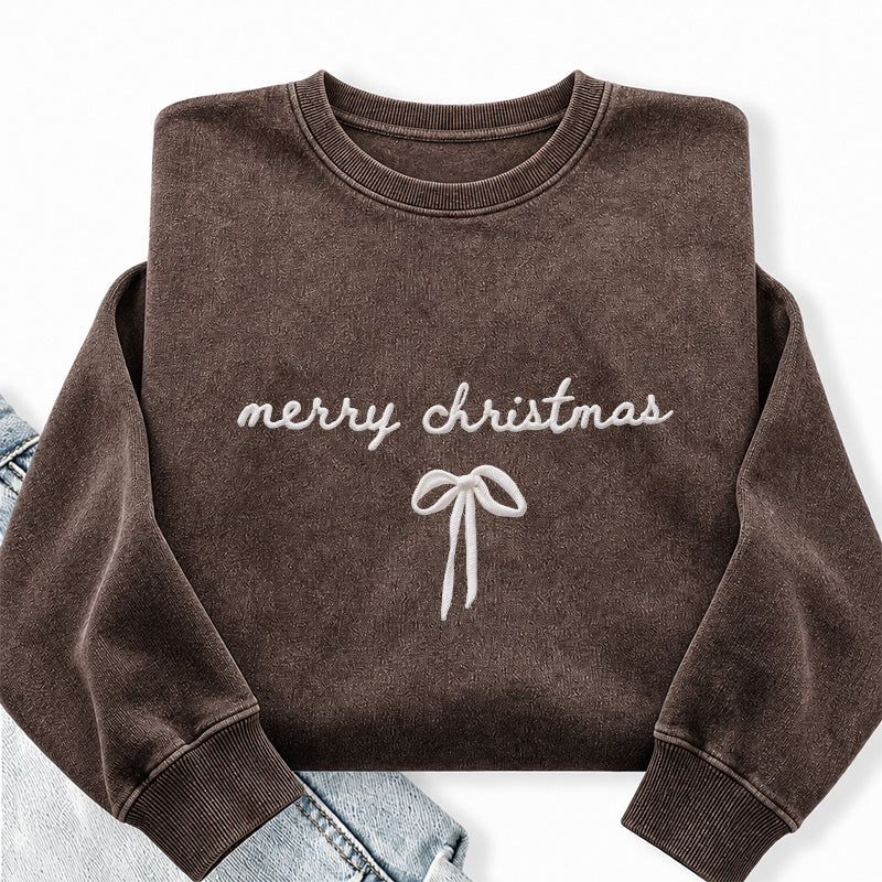 Embroidered Merry Christmas Bow Washed Crewneck Sweatshirt