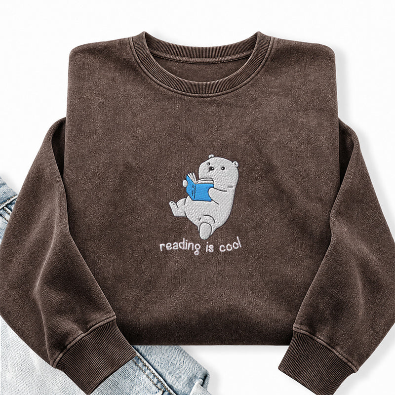 Embroidered Reading Is Cool Polar Bear Washed Crewneck Sweatshirt
