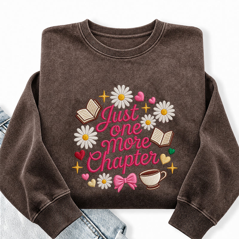 Embroidered Just One More Chapter Flower Washed Crewneck Sweatshirt