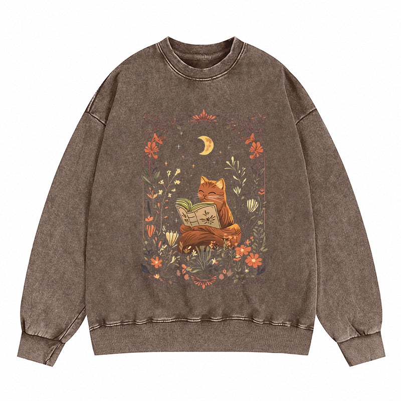 Cottagecore Cat Reading Book Washed Crewneck Sweatshirt