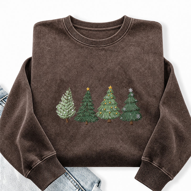Embroidered Christmas Trees Washed Crewneck Sweatshirt