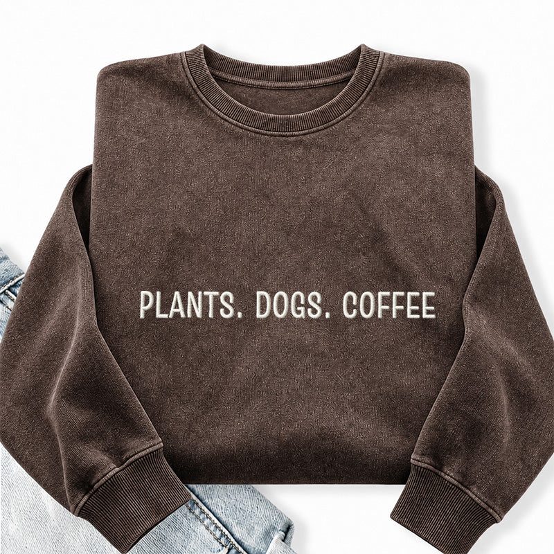 Embroidered Plant Dog Coffee Washed Crewneck Sweatshirt