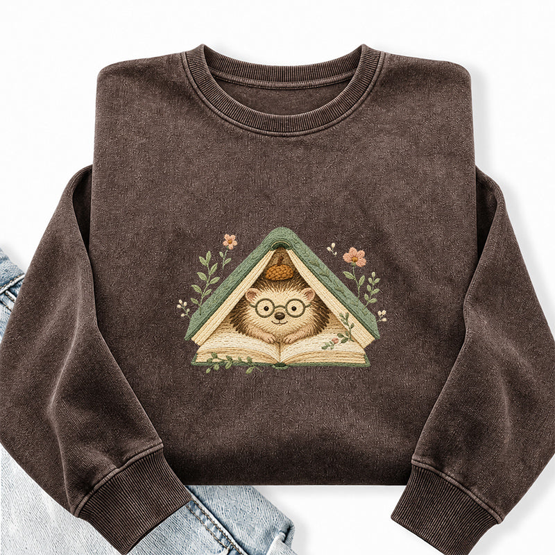 Embroidered Reading Hedgehog Washed Crewneck Sweatshirt