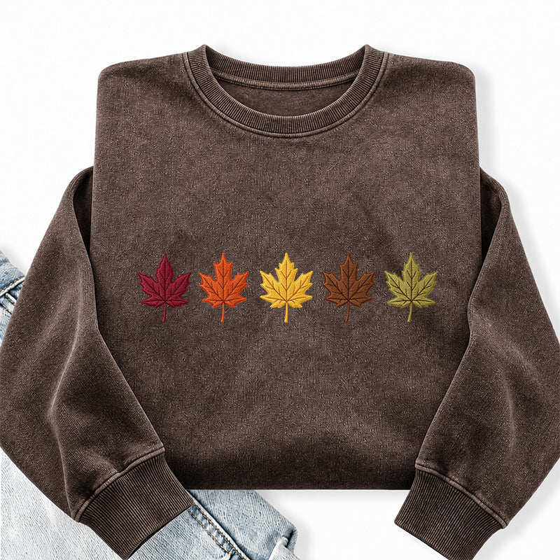 Embroidered Fall Maple Leaves Washed Crewneck Sweatshirt