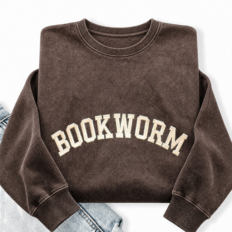 Embroidered Bookworm Washed Crewneck Sweatshirt