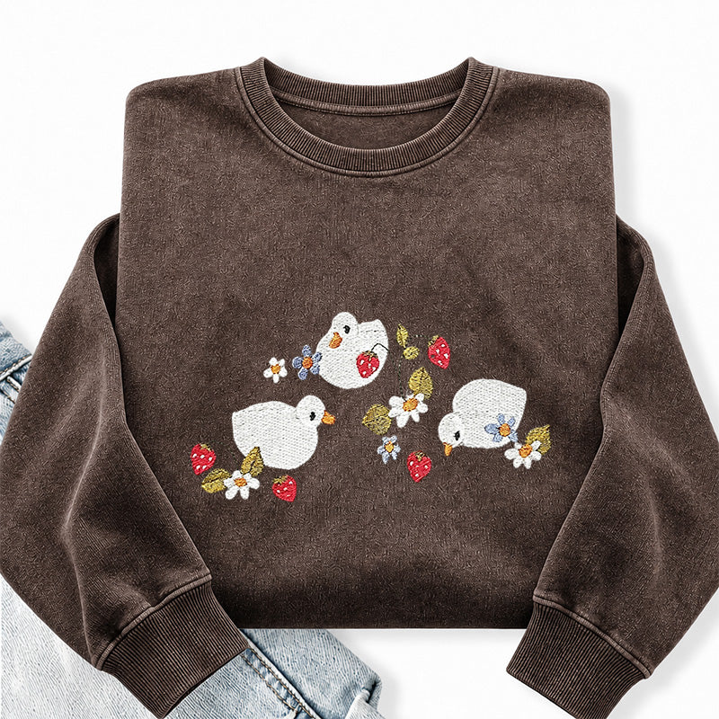 Embroidered Strawberry Duck Washed Crewneck Sweatshirt