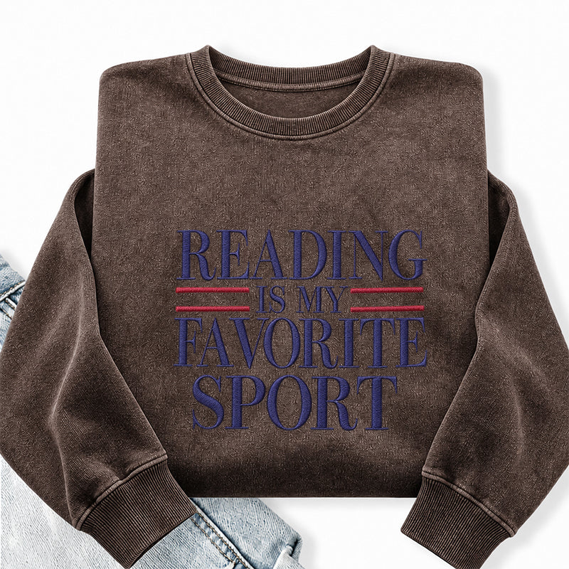 Embroidered Reading Is My Favorite Sport Washed Crewneck Sweatshirt