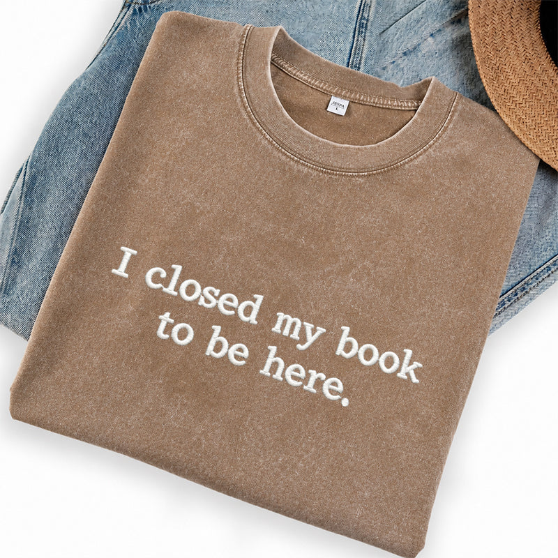 Embroidered Close Book Be Here Washed Crew Neck T-Shirt