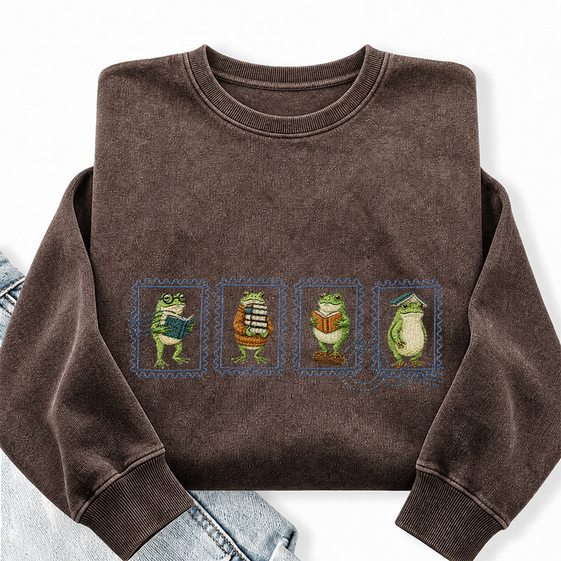 Embroidered Bookish Frog Stamp Washed Crewneck Sweatshirt