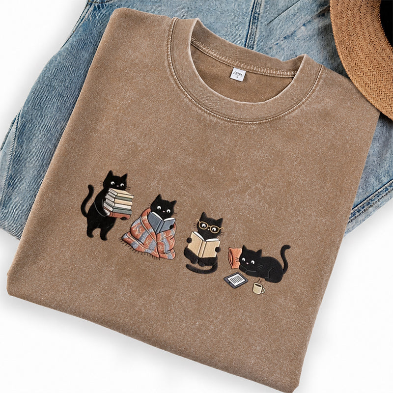 Embroidered Bookish Black Cats Washed Crew Neck T-Shirt
