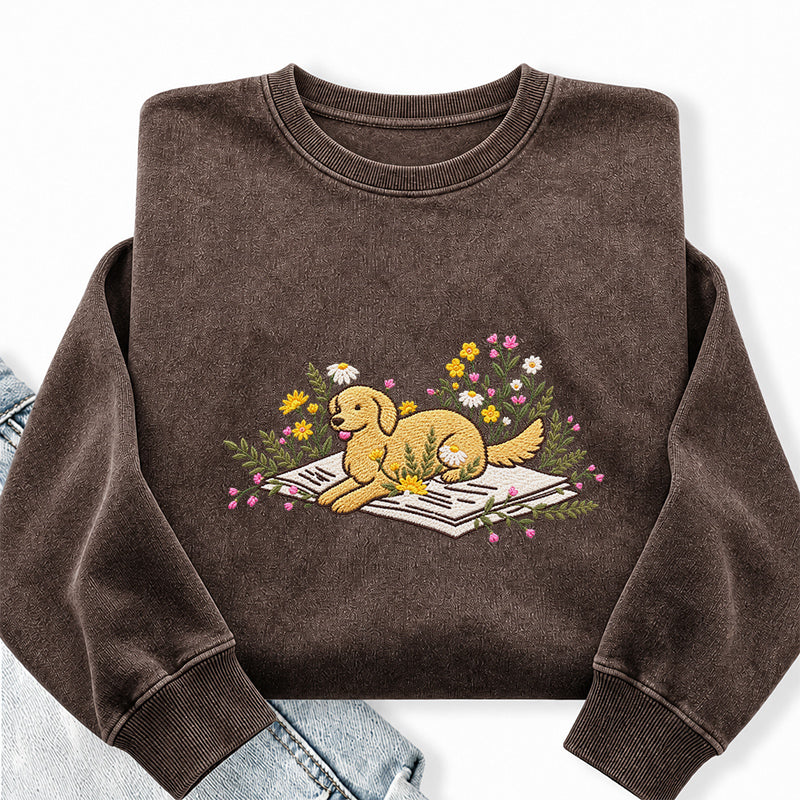 Embroidered Dog Lying On Book Washed Crewneck Sweatshirt