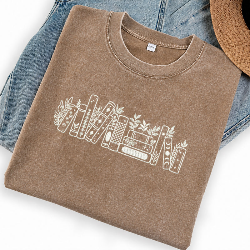 Embroidered Flower Book Washed Crew Neck T-Shirt