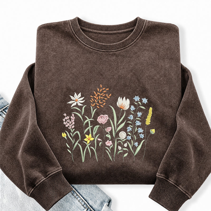 Embroidered Cute Wildflowers Washed Crewneck Sweatshirt