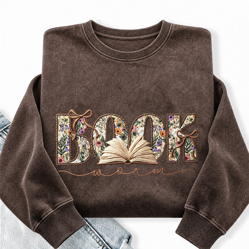 Embroidered Boho Wildflower Bookworm Washed Crewneck Sweatshirt