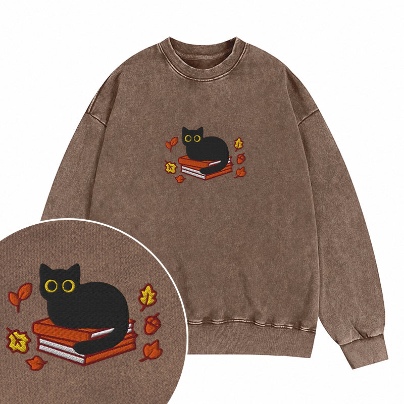Embroidered Autumn Black Cat Book Washed Crewneck Sweatshirt