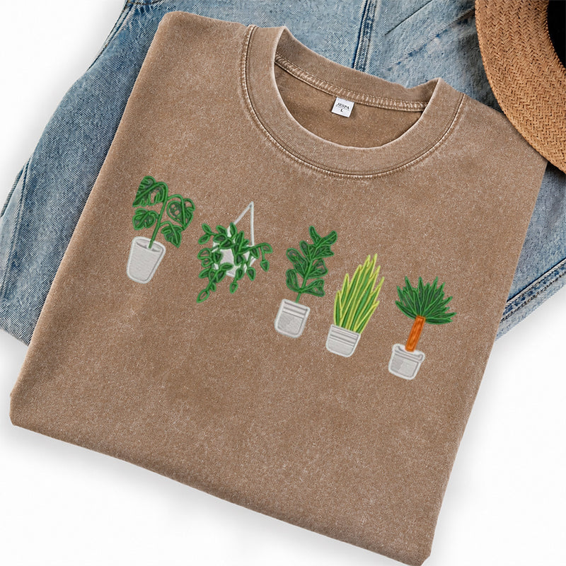 Embroidered Houseplant Washed Crew Neck T-Shirt
