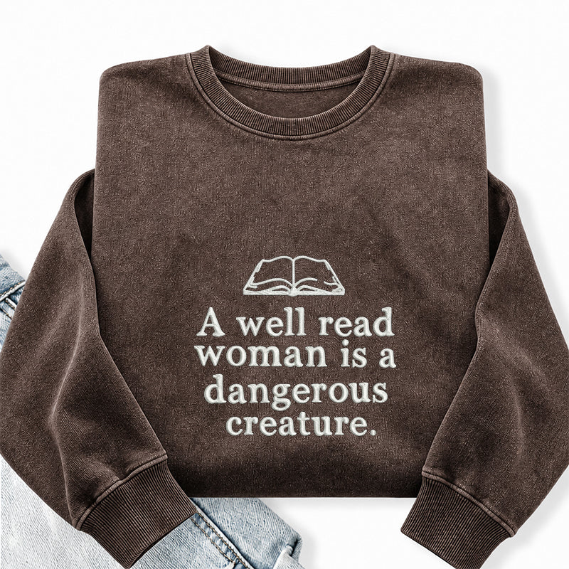 Embroidered A Well Read Woman Washed Crewneck Sweatshirt