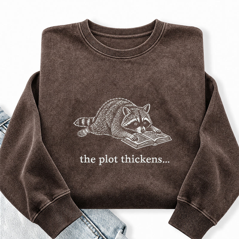 Embroidered The Plot Thickens Reading Raccoon Washed Crewneck Sweatshirt