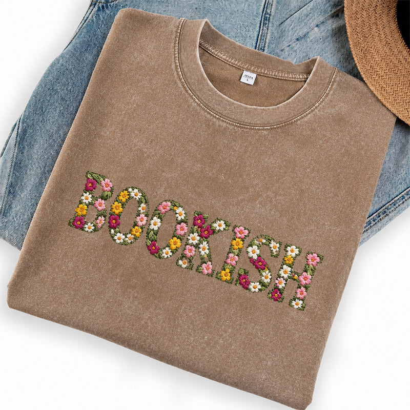 Embroidered Floral Bookish Washed Crew Neck T-Shirt