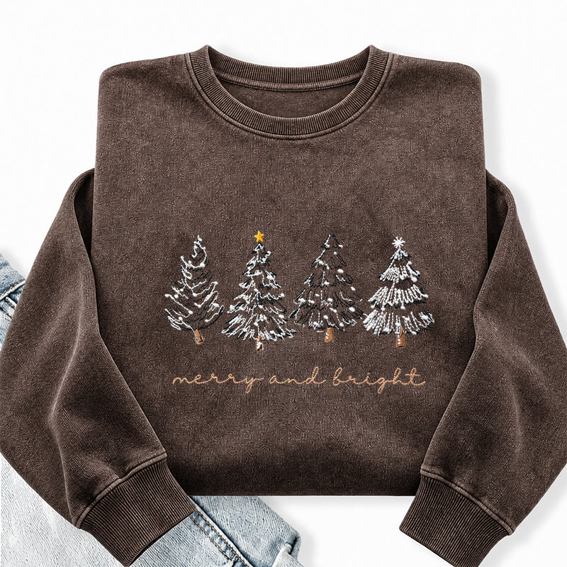 Embroidered Merry & Bright Christmas Tree Washed Crewneck Sweatshirt