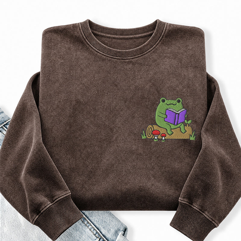 Embroidered Reading Frog Washed Crewneck Sweatshirt