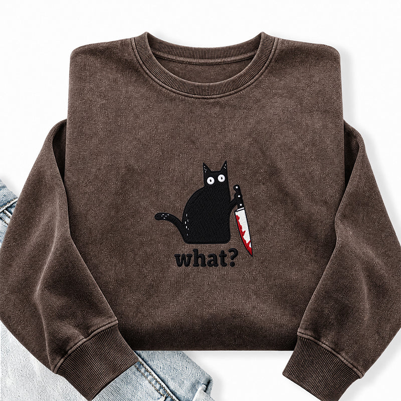 Embroidered Black Cat What Washed Crewneck Sweatshirt