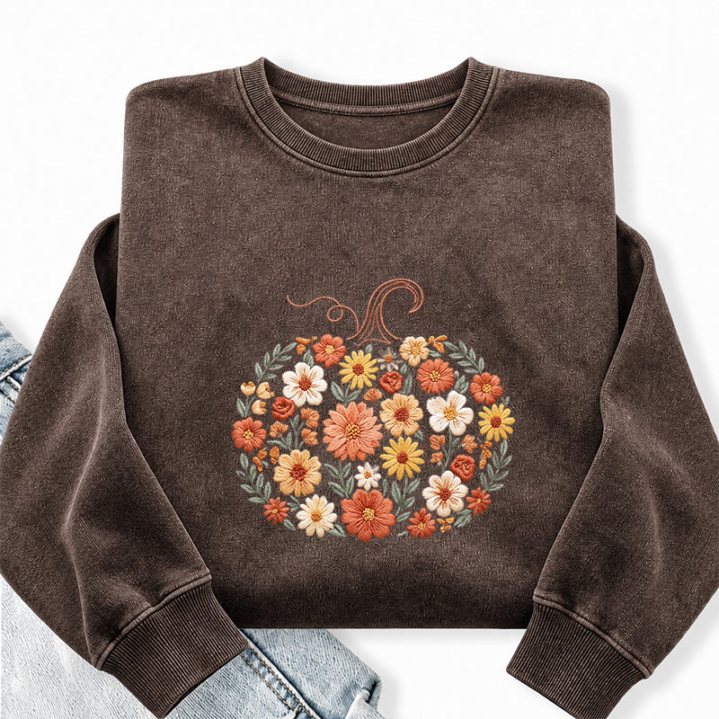 Embroidered Floral Pumpkin Washed Crewneck Sweatshirt
