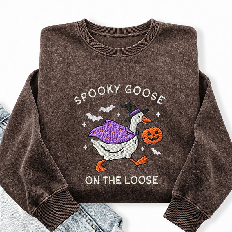 Embroidered Spooky Goose Washed Crewneck Sweatshirt