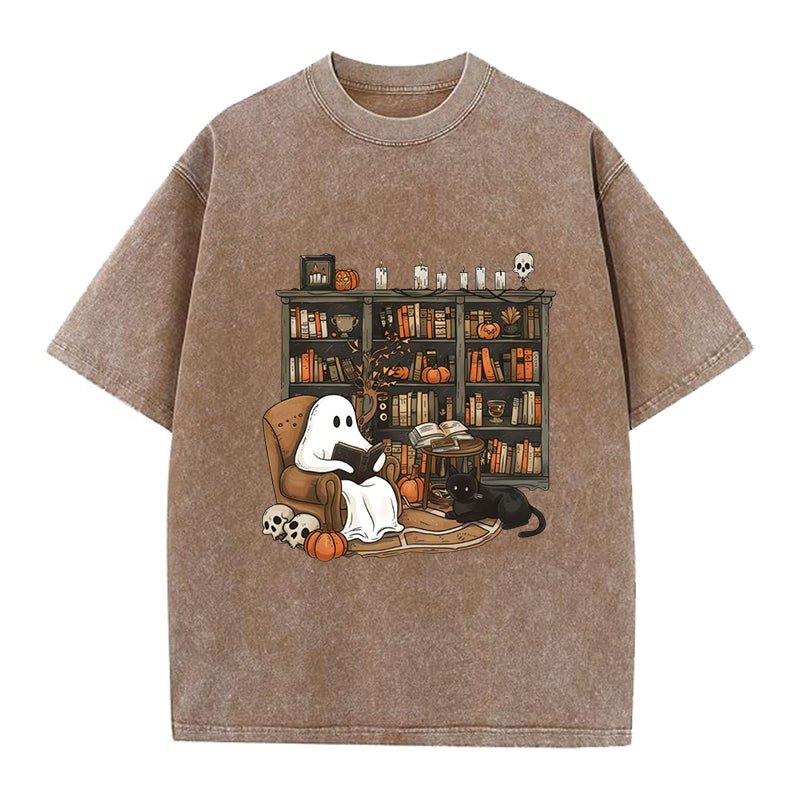 Retro Ghost Reading Washed Crew Neck T-Shirt