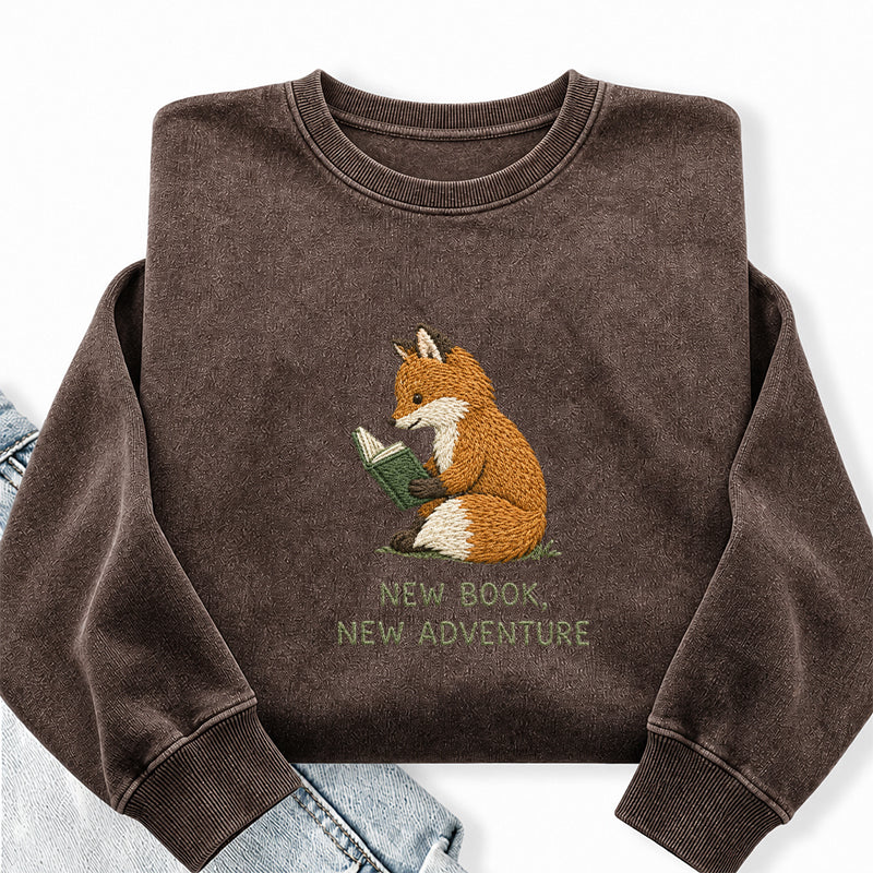 Embroidered New Book New Adventure Washed Crewneck Sweatshirt