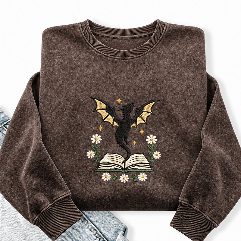 Embroidered Dragon Floral Book Washed Crewneck Sweatshirt