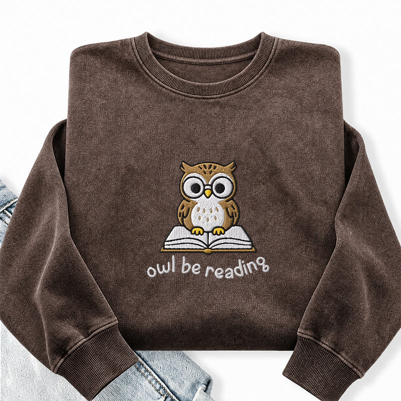 Embroidered Owl Be Reading Washed Crewneck Sweatshirt