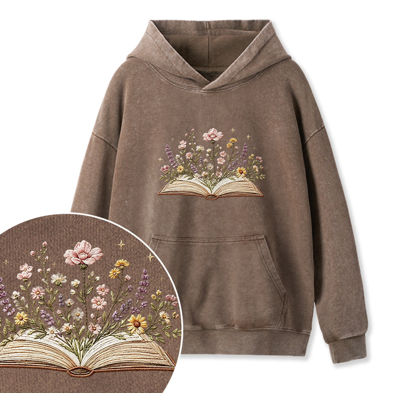 Embroidered Floral Book Washed Hoodie