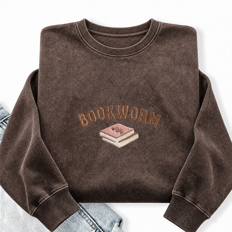 Embroidered Bookworm Washed Crewneck Sweatshirt