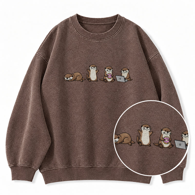Embroidered Sea Otters Washed Crewneck Sweatshirt