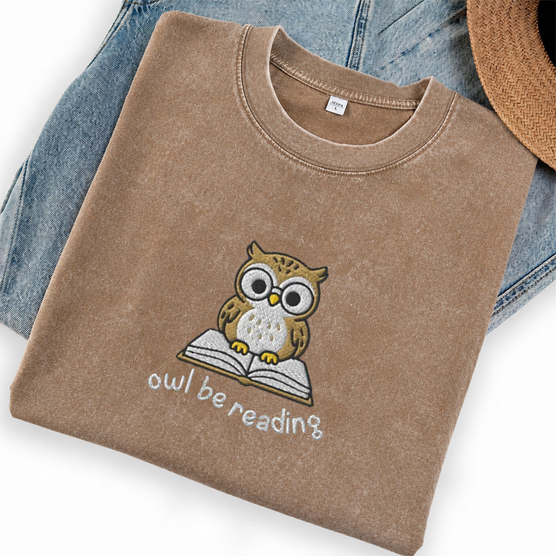 Embroidered Owl Be Reading Washed Crew Neck T-Shirt