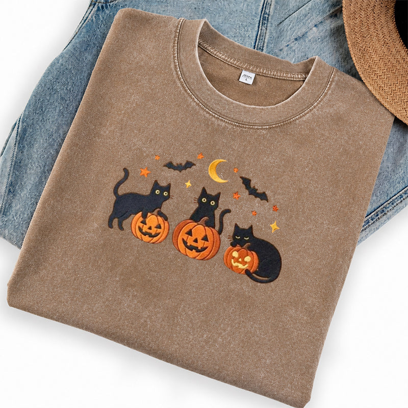 Embroidered Black Cats and Pumpkin Halloween Washed Crew Neck T-Shirt