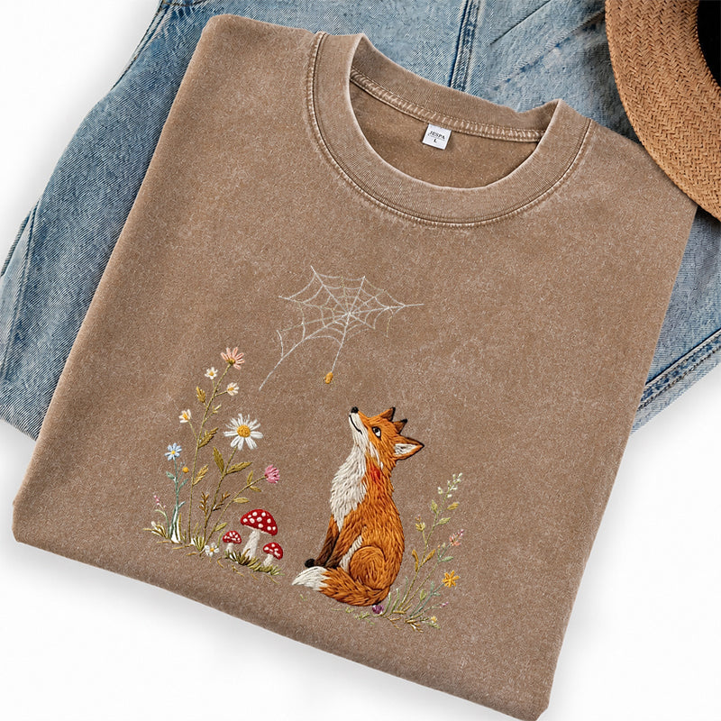 Embroidered Fox Cottagecore Washed Crew Neck T-Shirt
