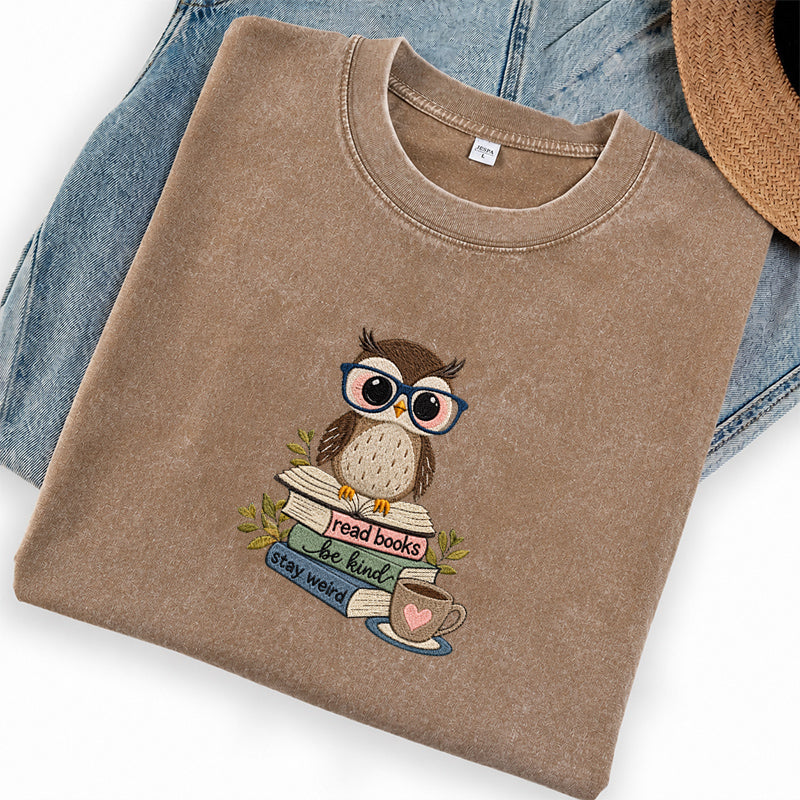 Embroidered Read Books Be Kind Owl Washed Crew Neck T-Shirt