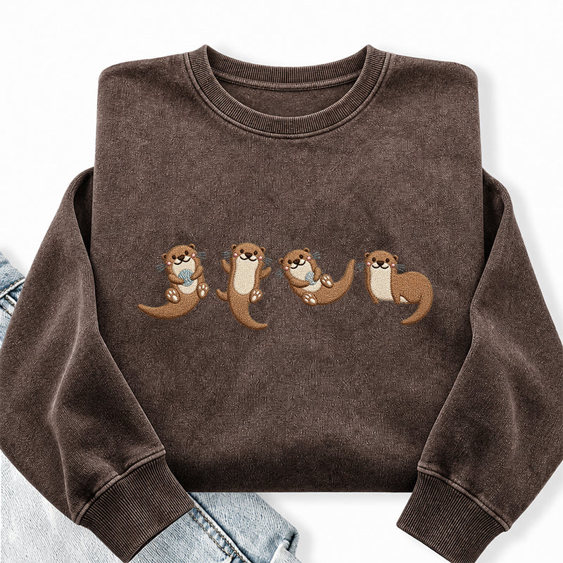 Embroidered Cute Otters Washed Crewneck Sweatshirt