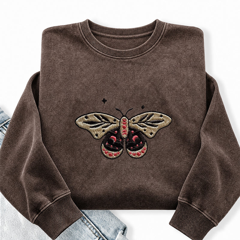 Embroidered Moth Butterfly Washed Crewneck Sweatshirt